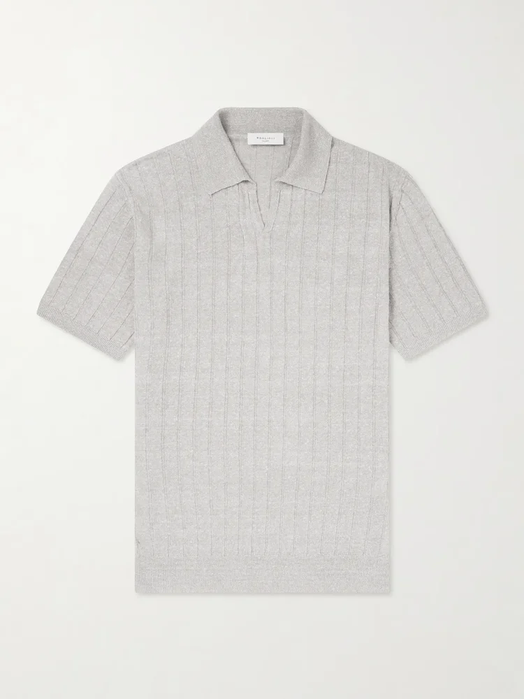 Open-Collar Ribbed Linen and Cotton-Blend Polo Shirt