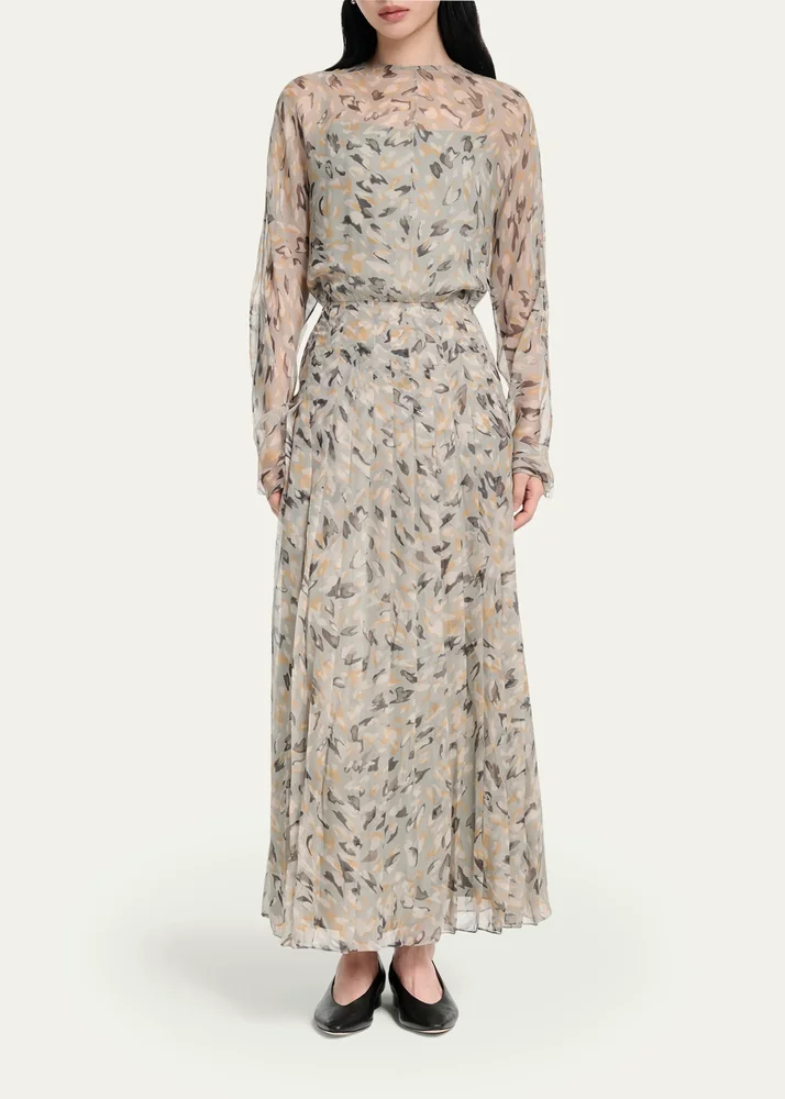 Birdy Printed Chiffon Long Sleeve Maxi Dress