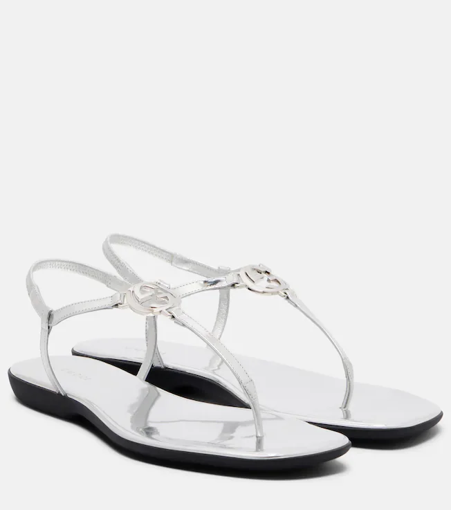 Interlocking G metallic leather thong sandals