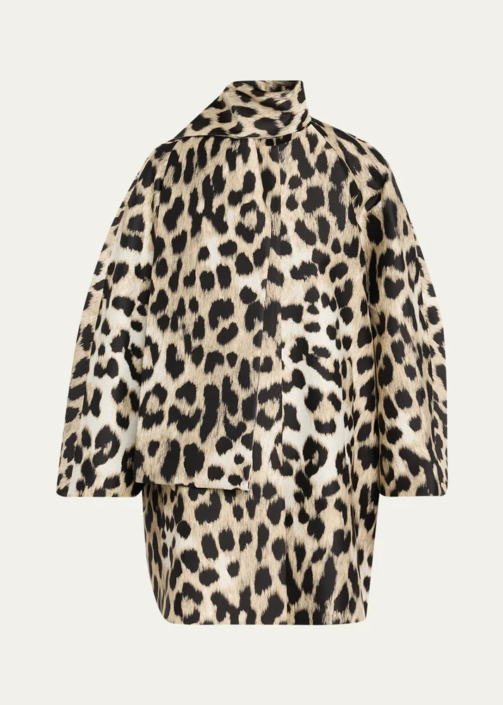Leopard Jacquard Short Cocoon Coat With Scarf