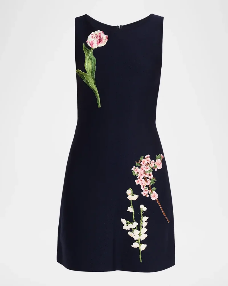 Sleeveless Floral Embroidered Wool Knit Mini Dress