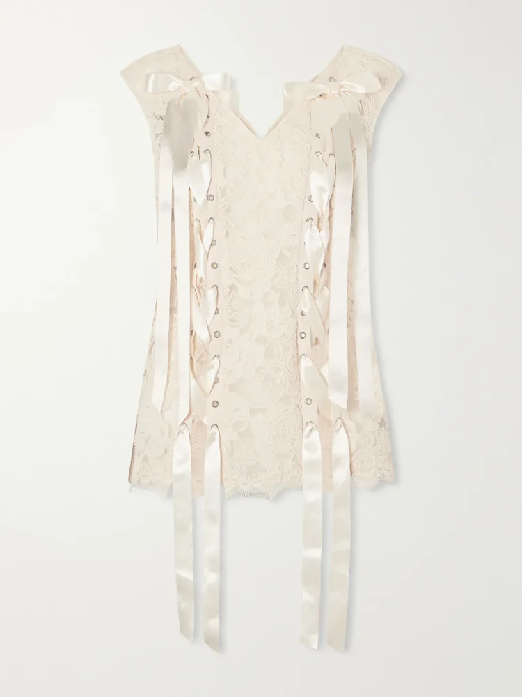 Unraveling Ribbon Portrait bow-detailed lace top