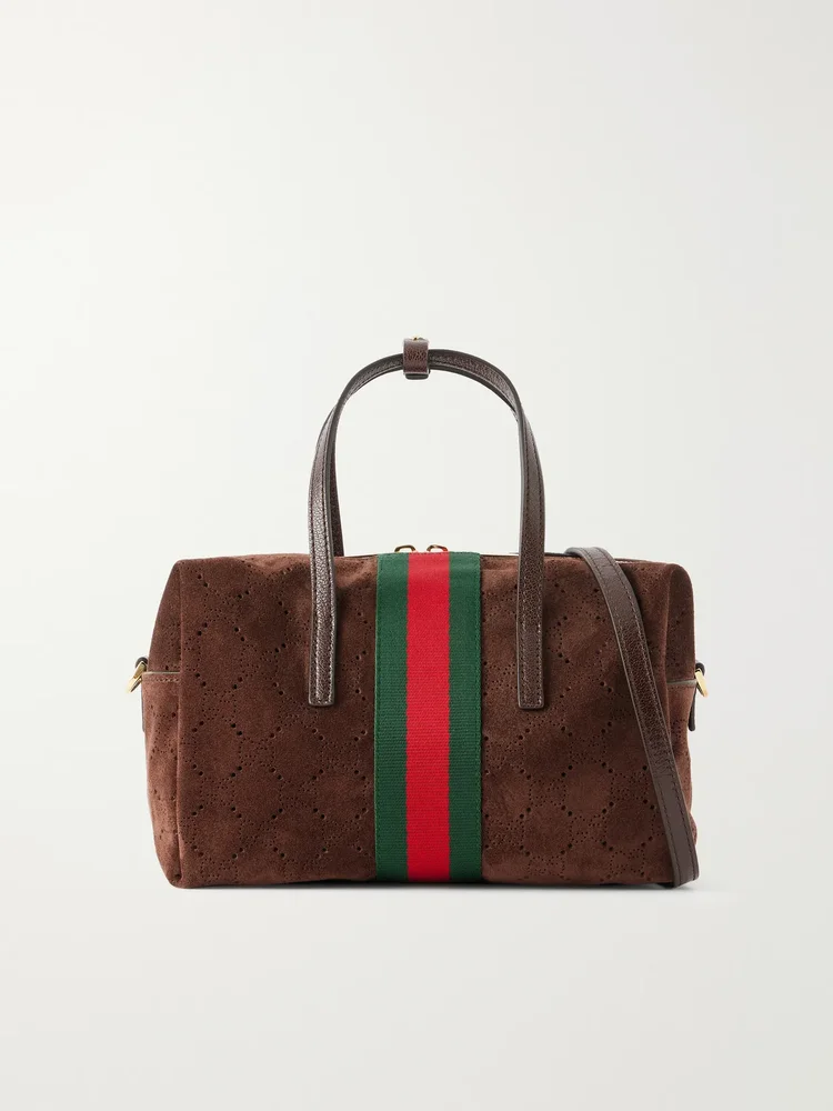 Gucci Essence web and leather-trimmed perforated suede shoulder bag