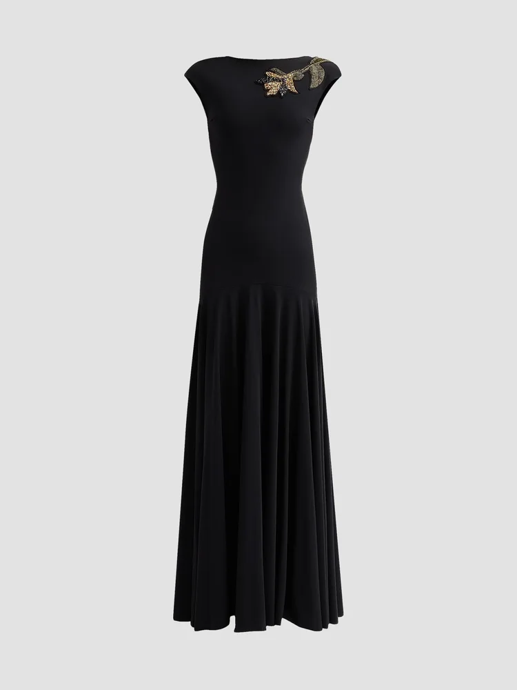 Isolda Beaded 3D Flower Appliqué Drop-Waist Maxi Dress