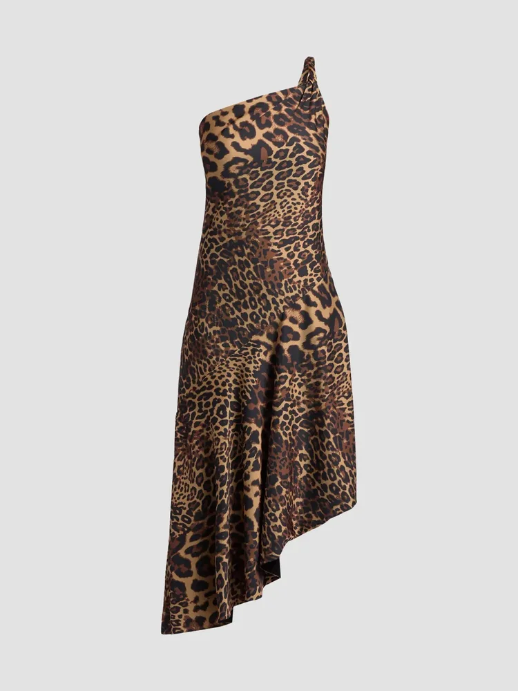 Mavis Leopard Print Asymmetric Satin Midi-Dress