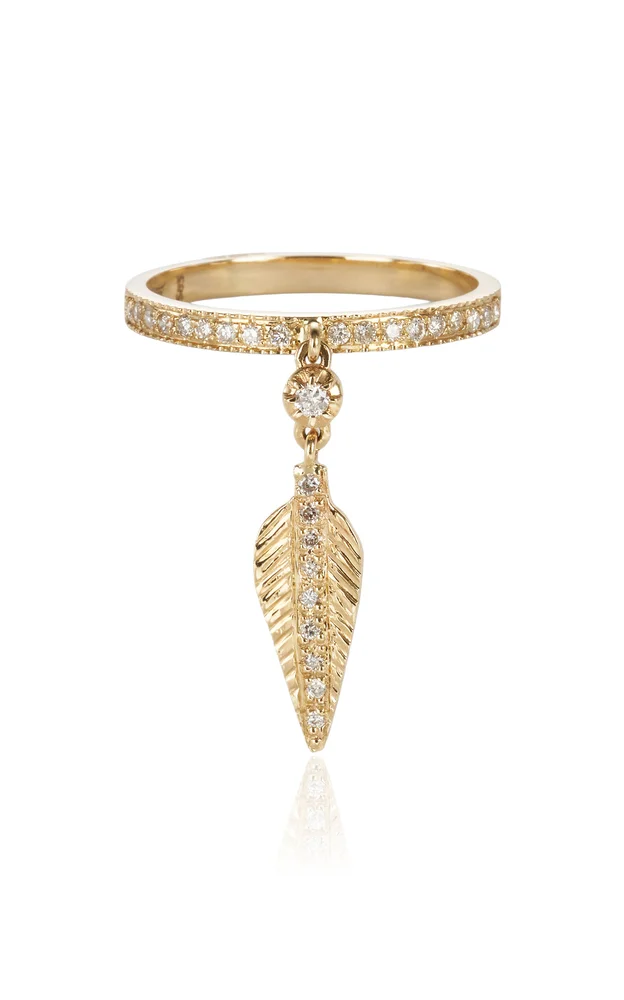 14k Yellow Gold Sophia Diamond + Tiny Feather Dangle Pave Ring