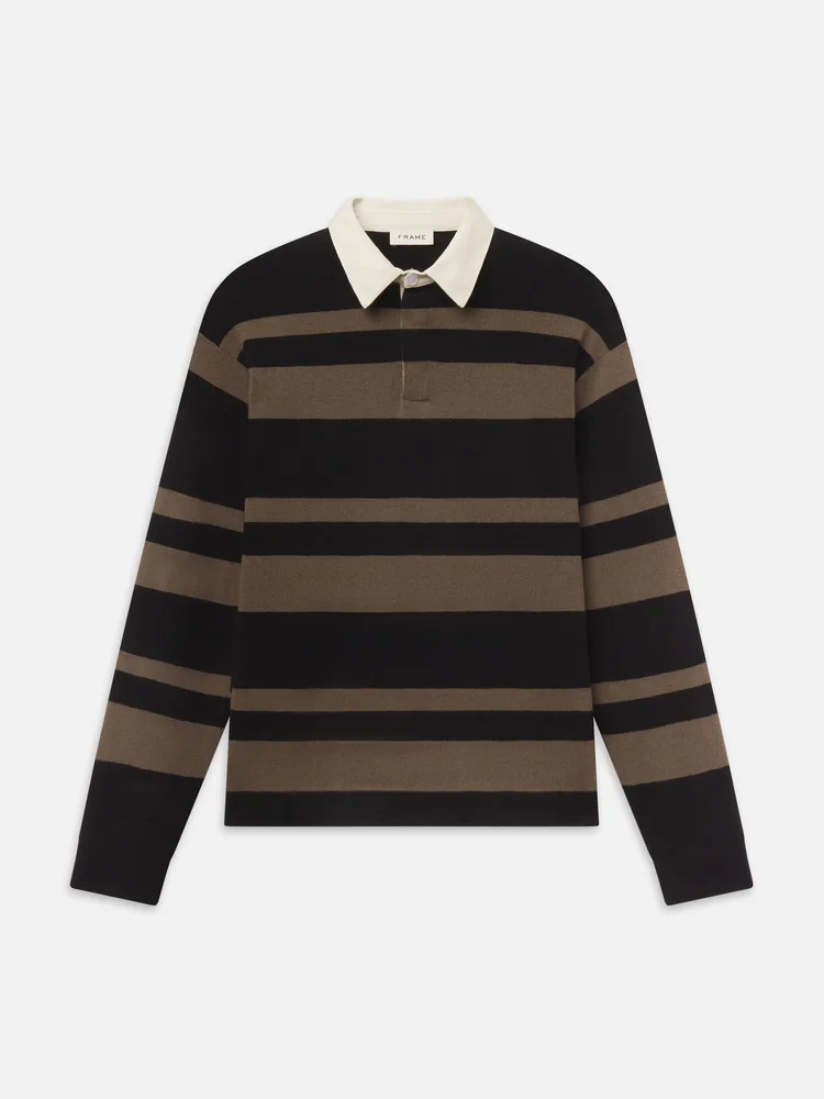 frame-denim Rugby Polo Sweater -- Black/Brown Stripe