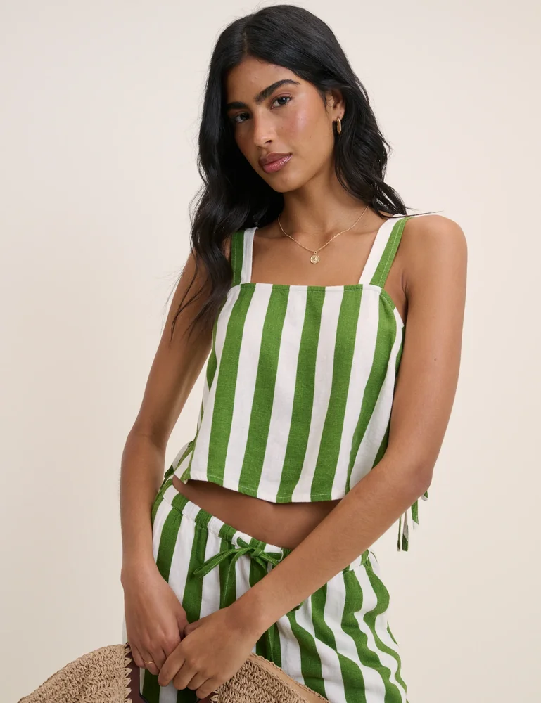 Green Striped Linen-Blend Swing Top
