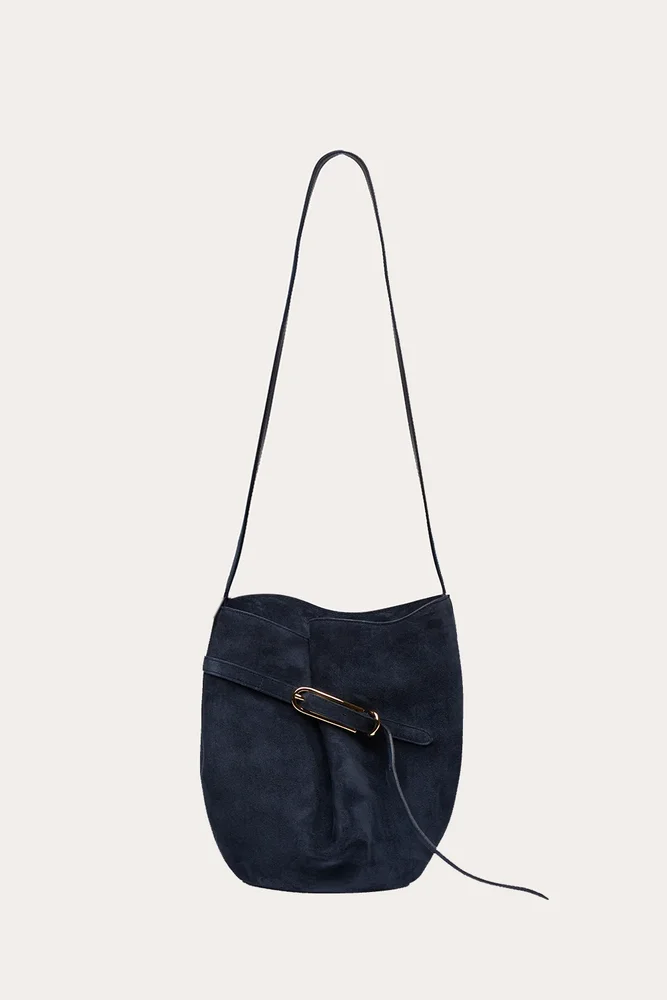 Belted Bucket Bag Navy Suede