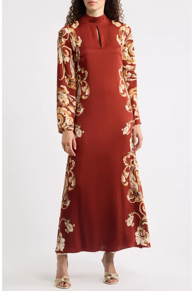 The Analeia Paisley Detail Long Sleeve Silk Blend Midi Dress