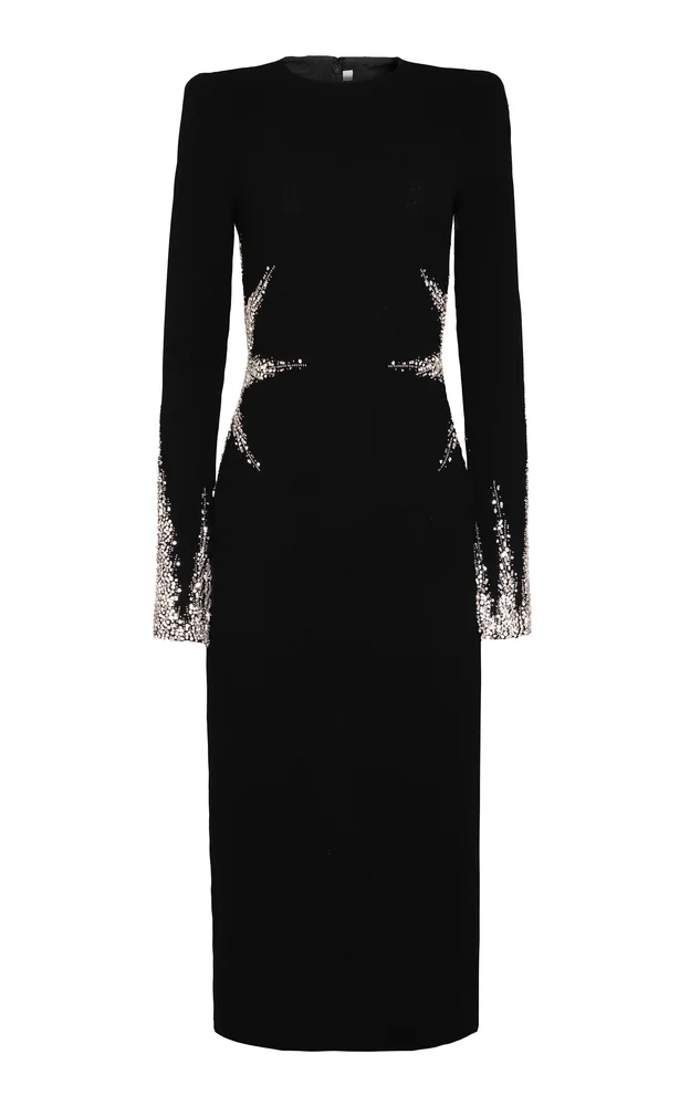 Crystal Embellished Crepe Long Sleeve Midi Dress