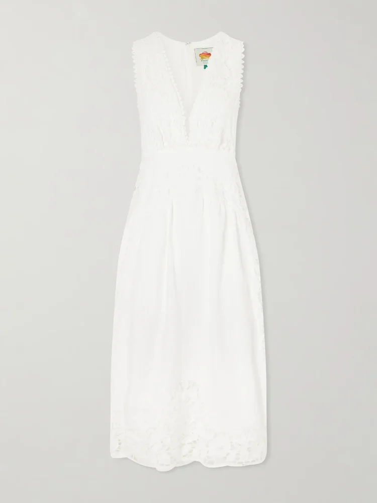 Farm Rio Floral-embroidered linen midi dress