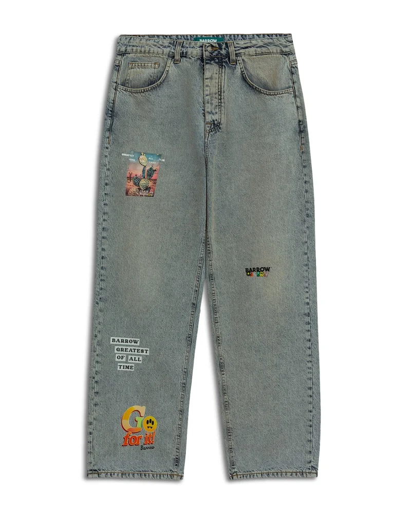 Relaxed Fit Flame Print Jeans in Sky Blue Denim