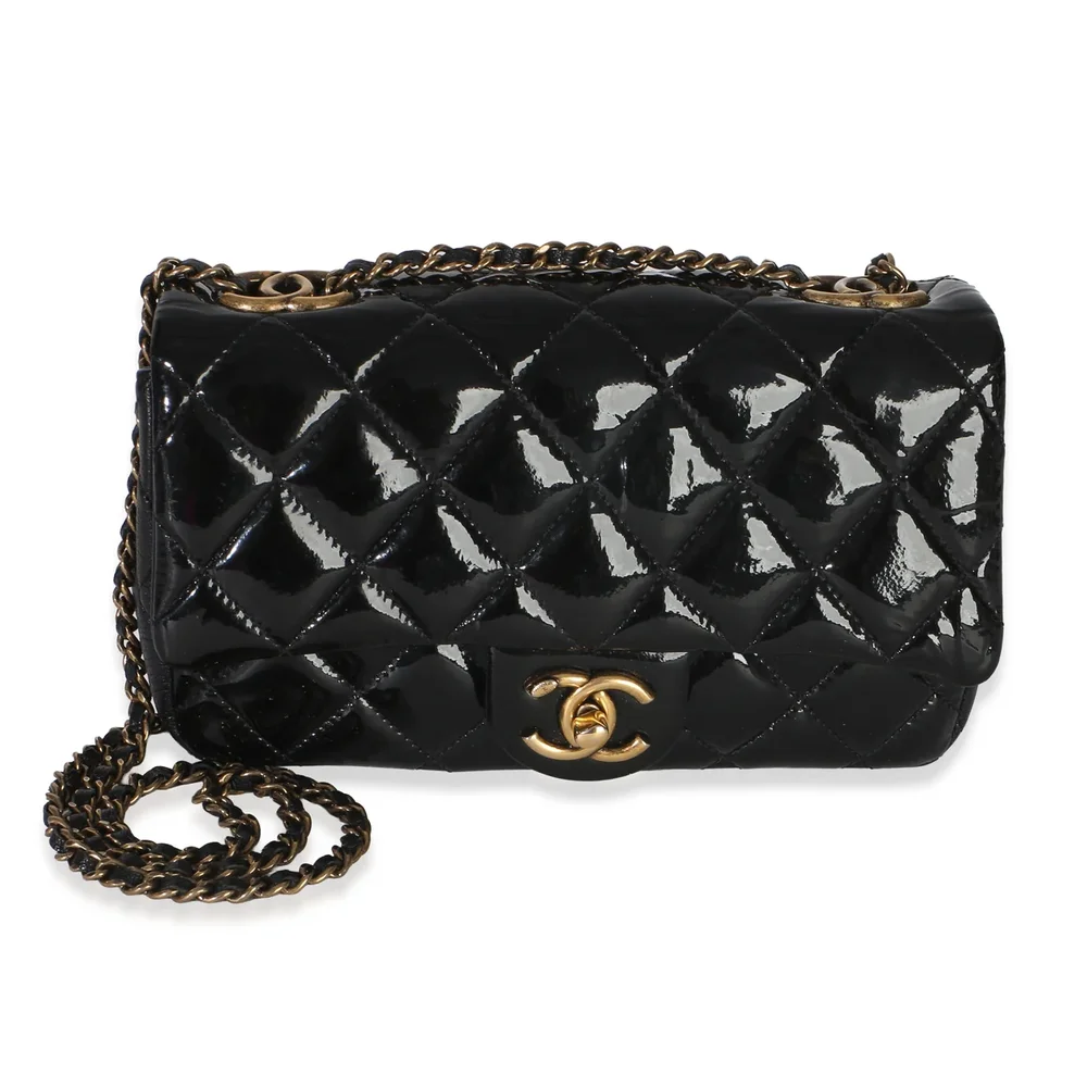 Chanel Black Quilted Patent Goatskin Small CC Eyelet Flap Bag