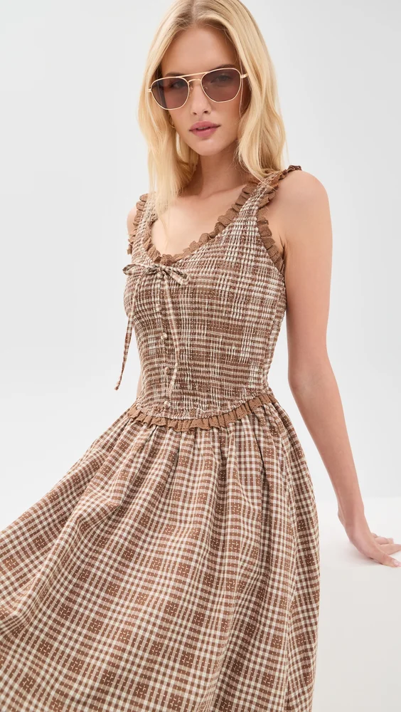 Smocked Lace Insert Midi Dress