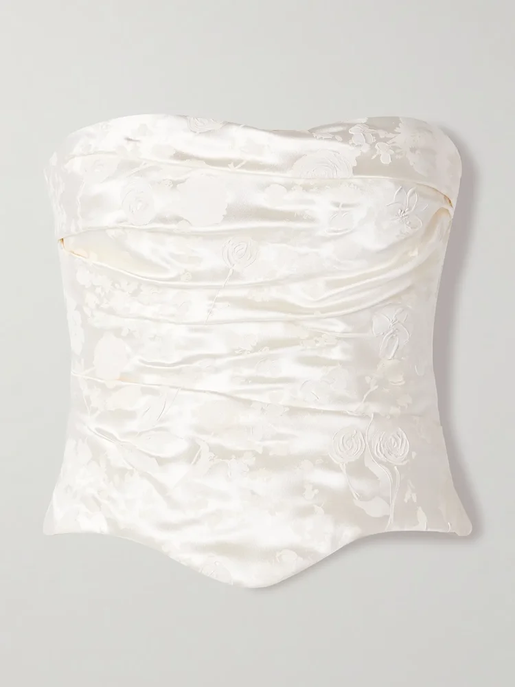 Demi strapless draped painted silk and wool-blend satin bustier top