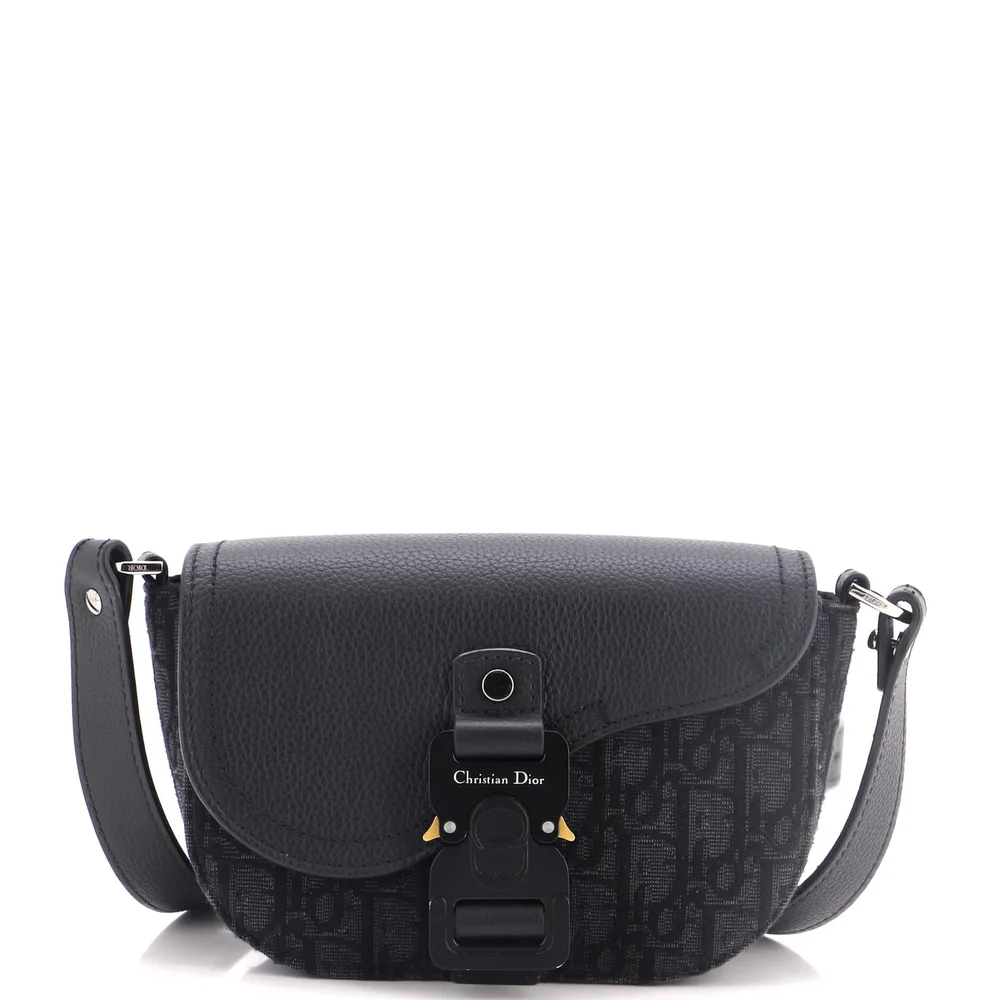 Dior Saddle Buckle Flap Messenger Bag Oblique Canvas and Leather Mini, Black