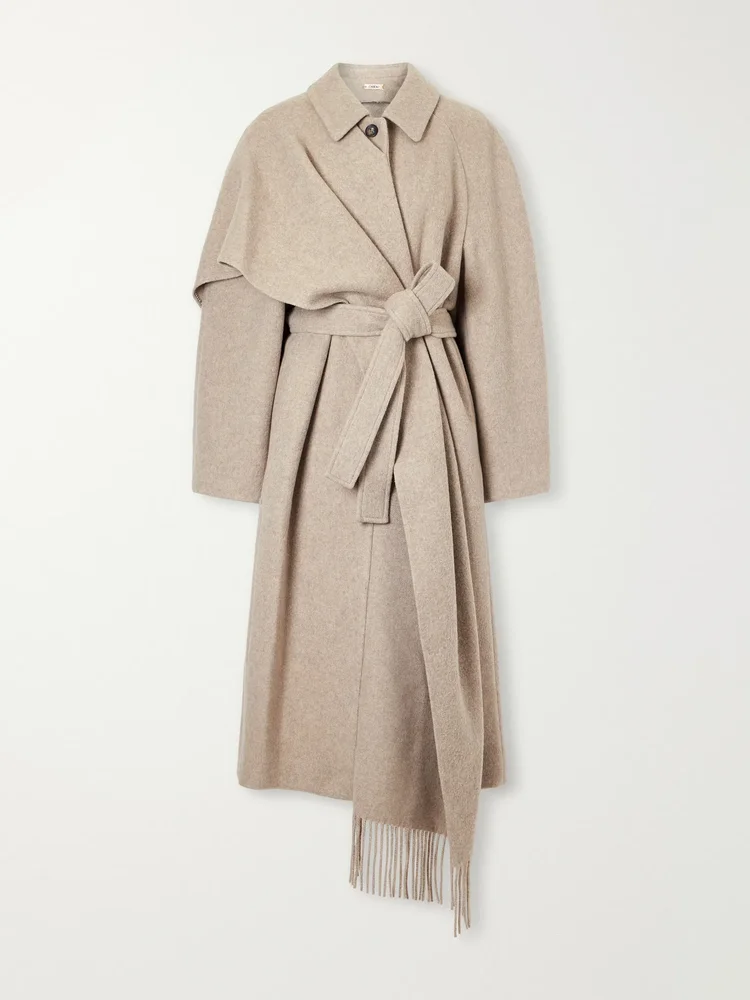 Canyon belted fringed layered wool and cashmere-blend coat