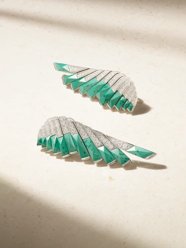 Wings 18-karat white gold, malachite and diamond earrings