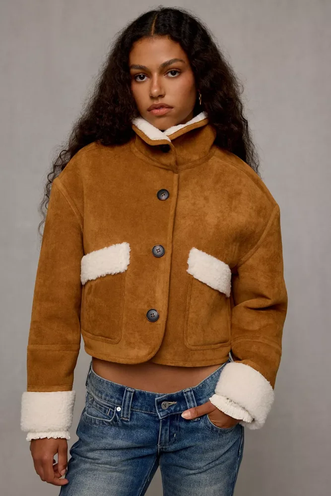 Staring Contest Fleece Trim Faux Suede Jacket