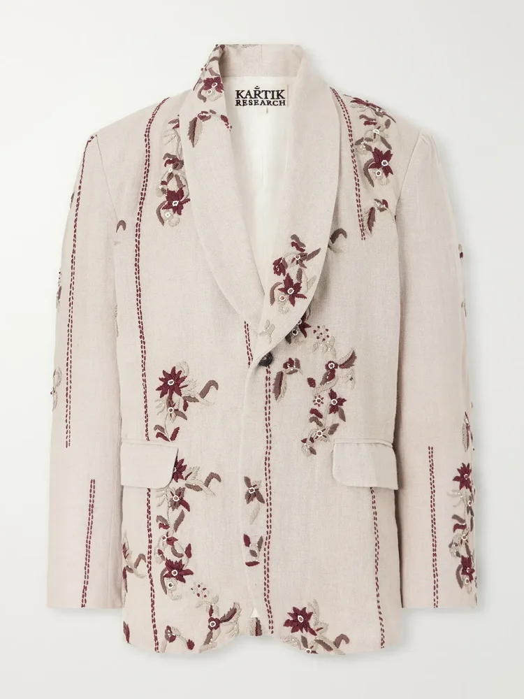 Bead-Embellished Embroidered Shawl-Collar Linen Blazer