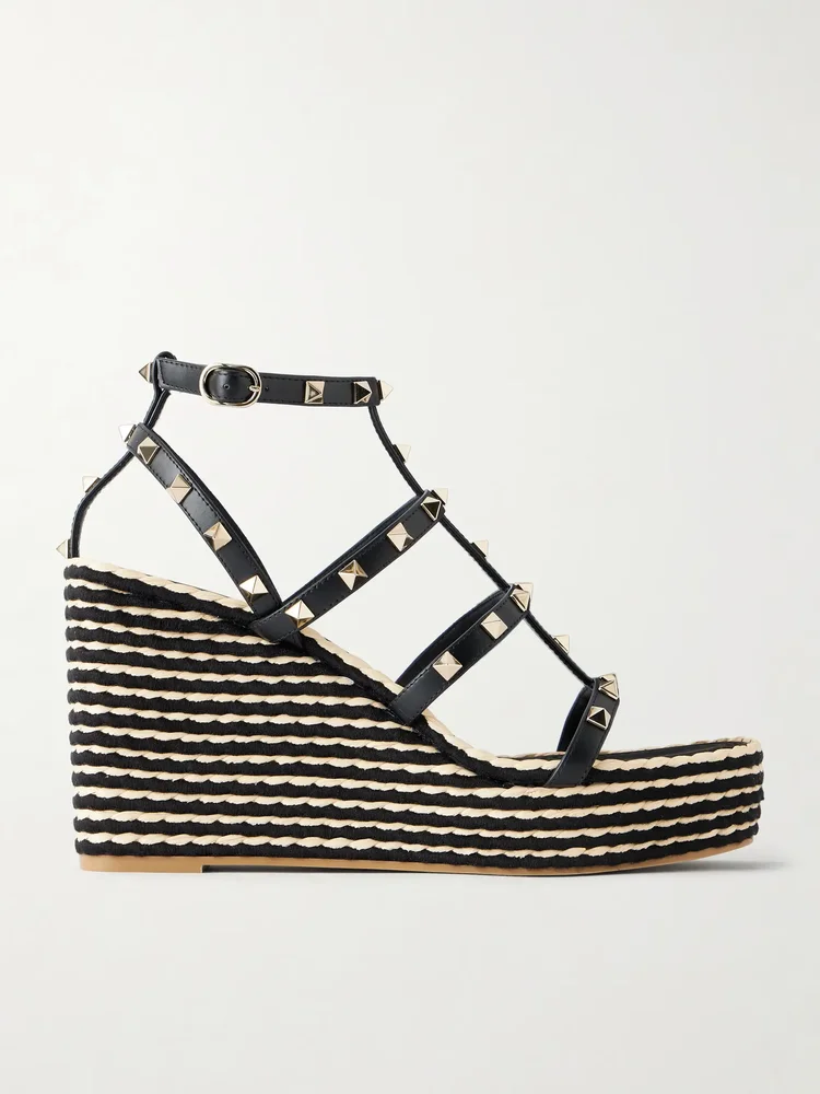 Rockstud embellished leather wedge espadrilles