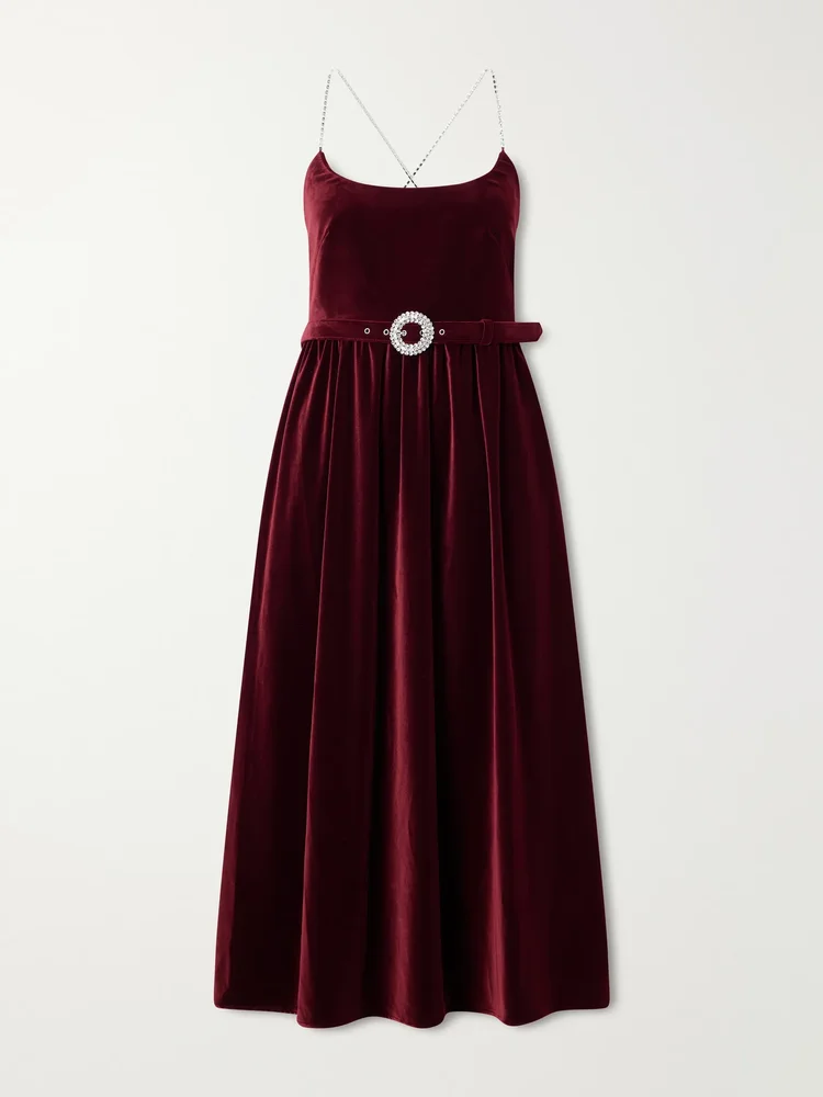 Arden belted pleated crystal-embellished velvet midi dress