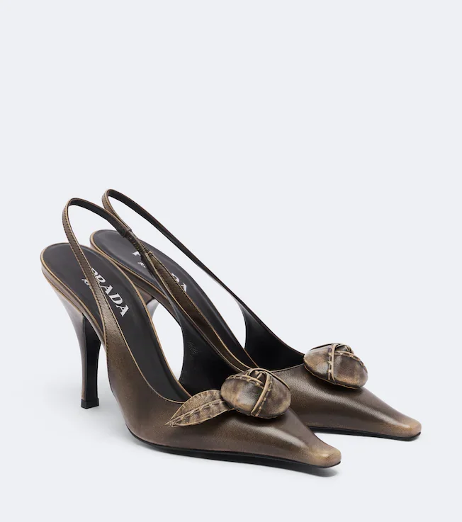 Floral-appliqué leather slingback pumps