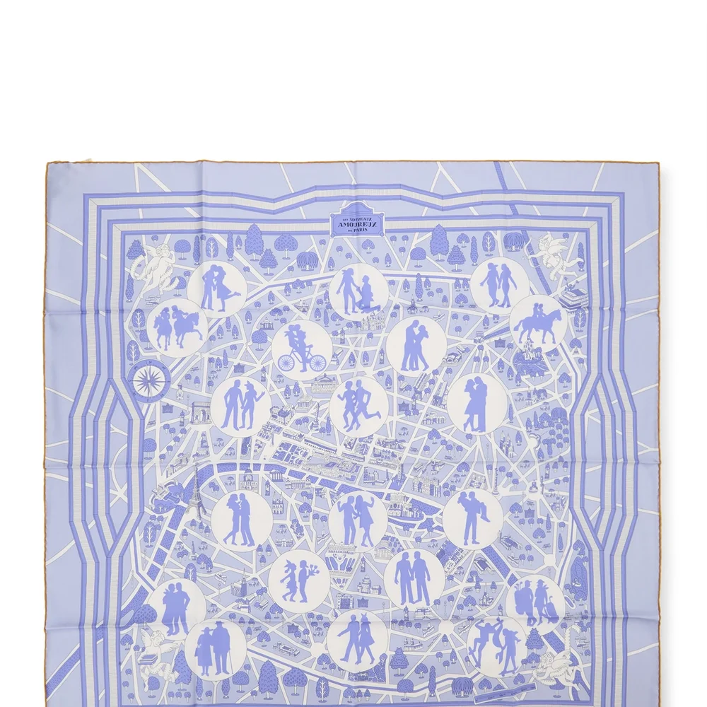 Blue & Multicolor 'Les Nouveaux Amoureux de Paris' Silk Scarf 90