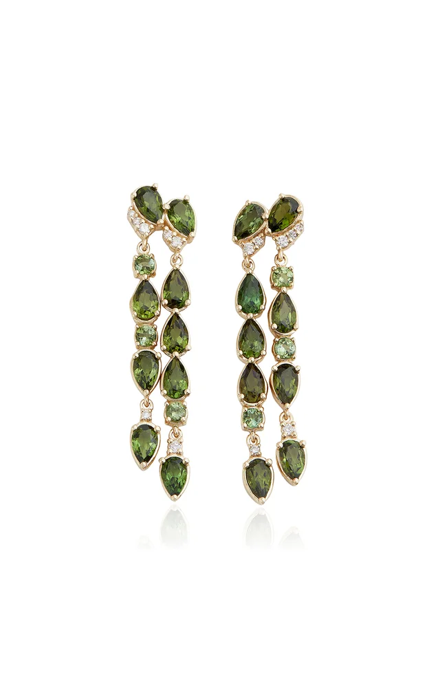 Asymmetrical 18K Yellow Gold Tourmaline and Diamond Earrings