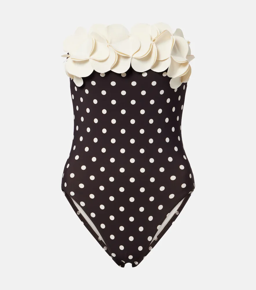 Floral appliqué polka-dot bandeau swimsuit
