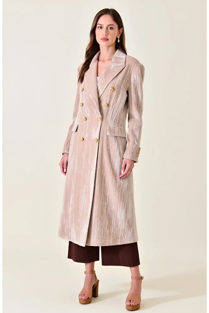 Velvet Double-Breasted Coat with Structured Lapels and Buttons