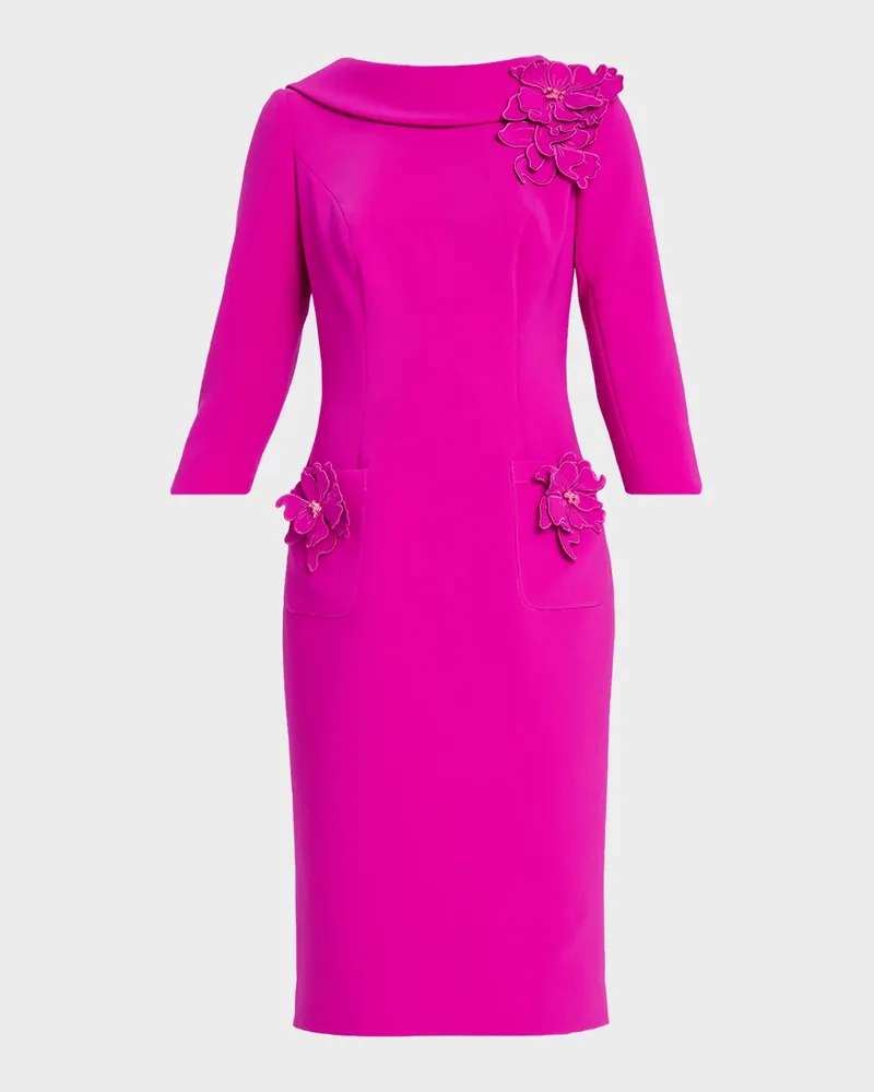 Roll-Neck Floral Applique Crepe Dress