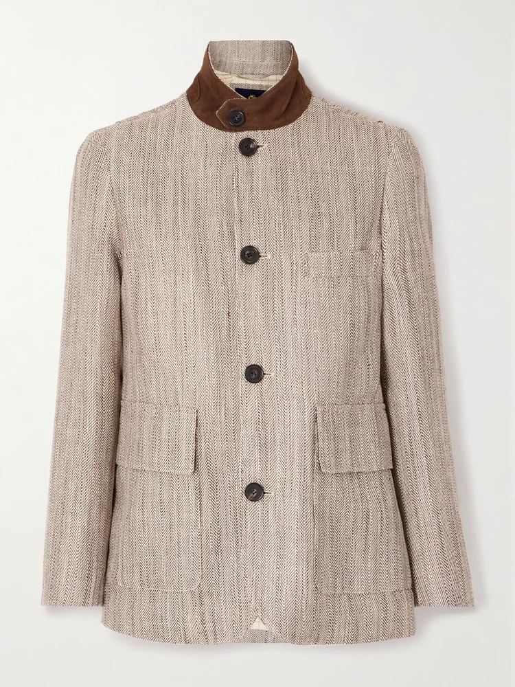 Suede-trimmed silk and linen-blend jacket