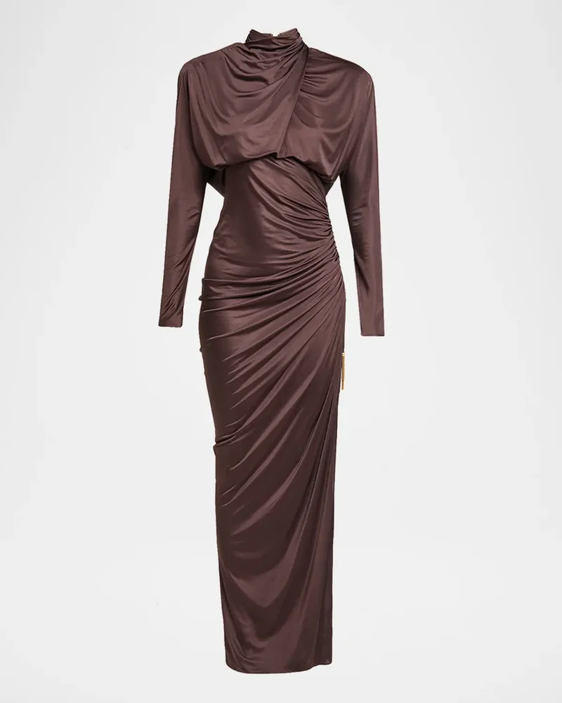 Strong-Shoulder Jersey Ruched Slit Maxi Dress