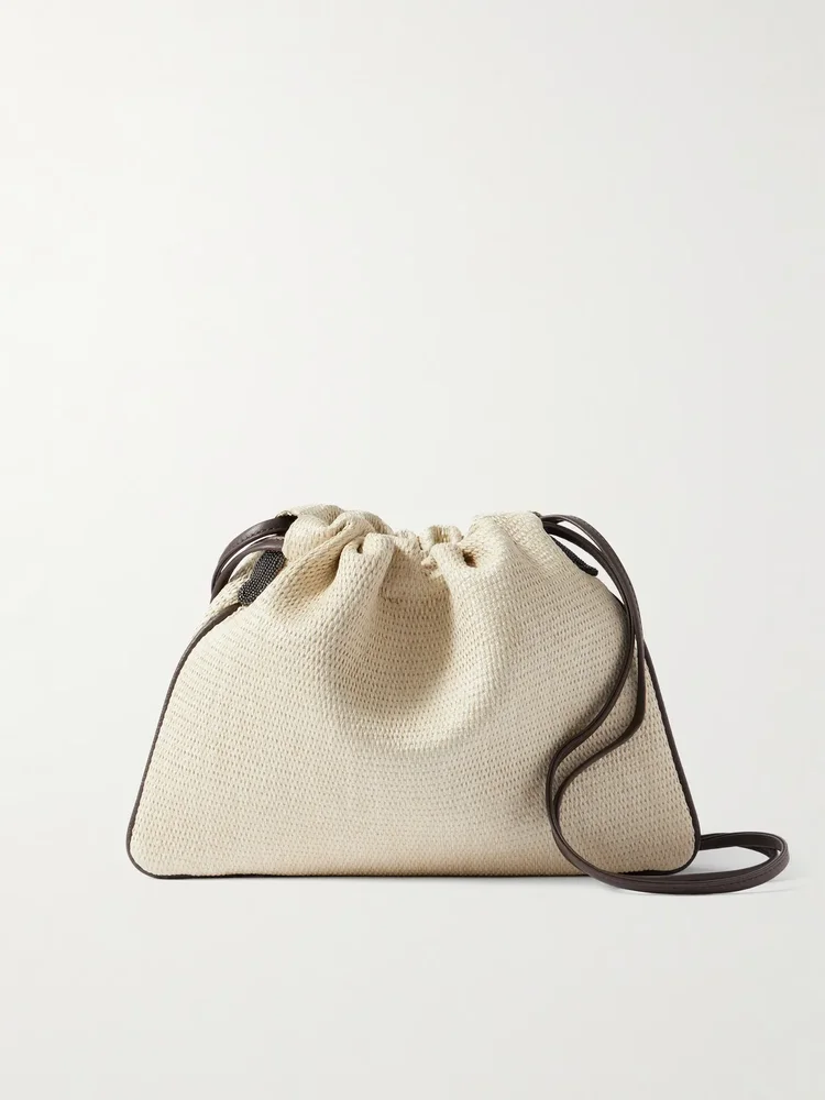 Embellished leather-trimmed raffia shoulder bag
