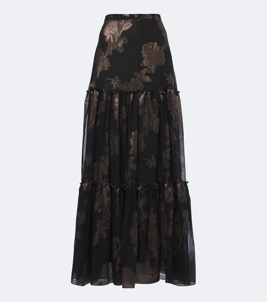 Tiered silk-blend fil coupé maxi skirt