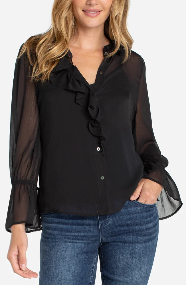 LONG SLEEVE RUFFLE FRONT WOVEN SHIRT