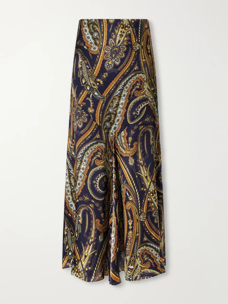 Paisley-print satin midi skirt