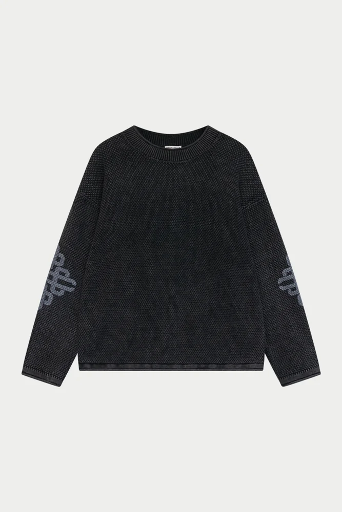 WASHED EMBLEM KNIT CREW - BLACK