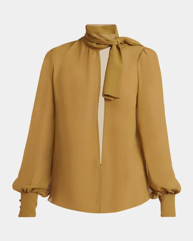 Plunging Neck-Scarf Sheer Silk Long-Sleeve Blouse