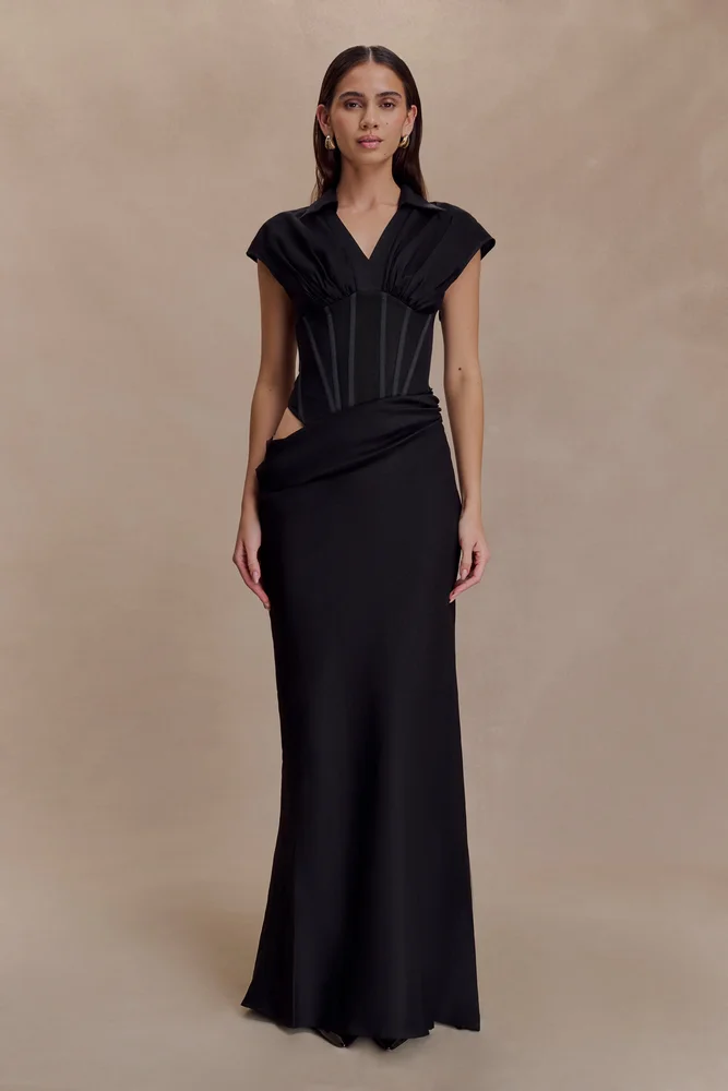 Saphira Shirt Corset Maxi Dress - Black