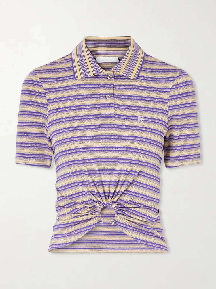 Embellished striped woven polo shirt