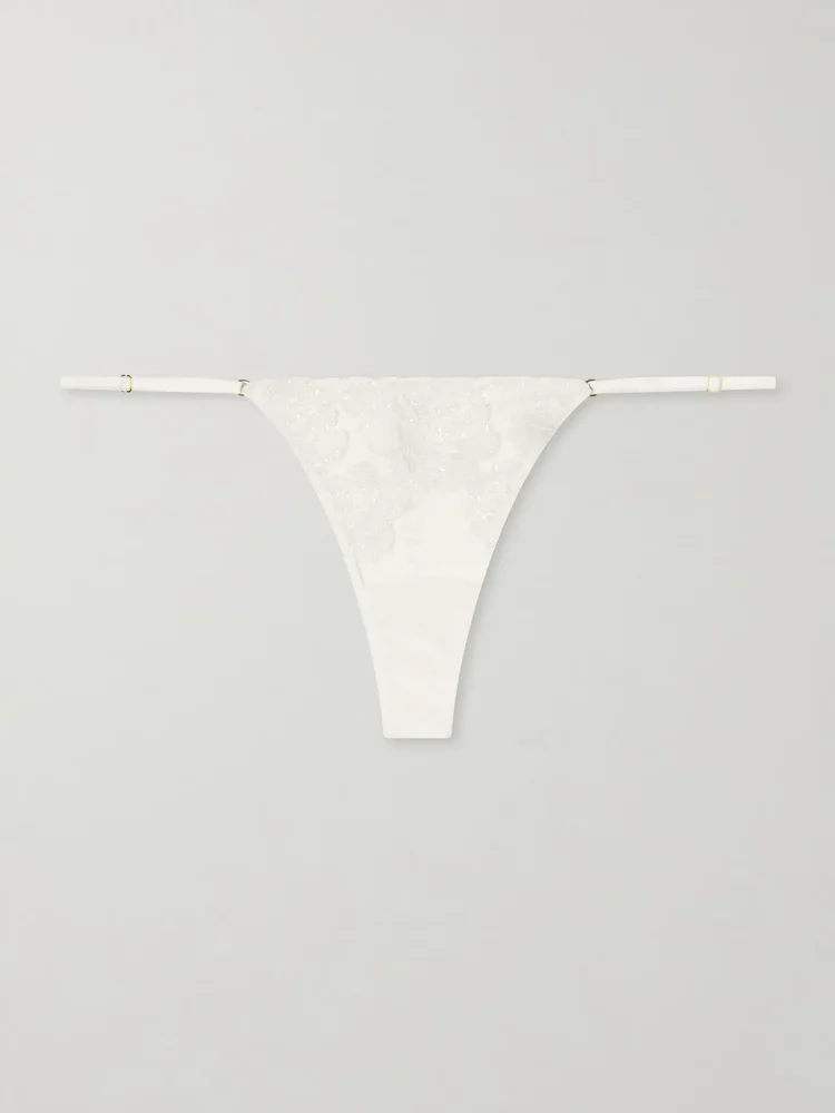 Fleurs Veloutes lace-trimmed mesh thong