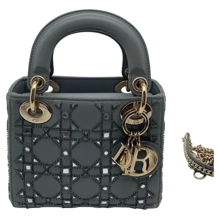 Christian Dior Lady Dior Mini Grey Crystal Embellished Cannage Bag Gold HW