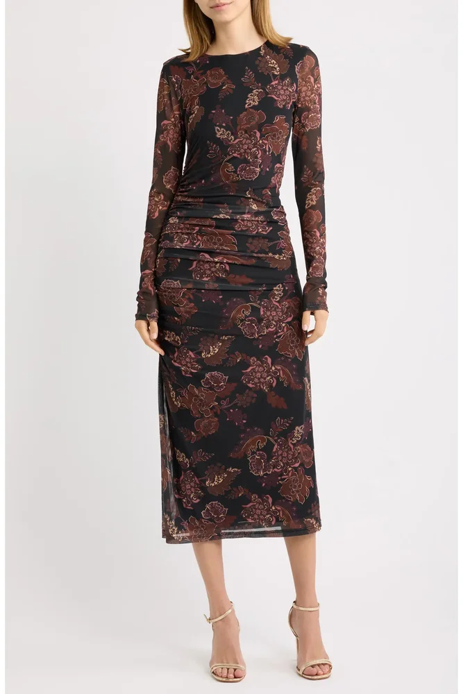 Whispers of Bohemia Floral Long Sleeve Mesh Midi Dress