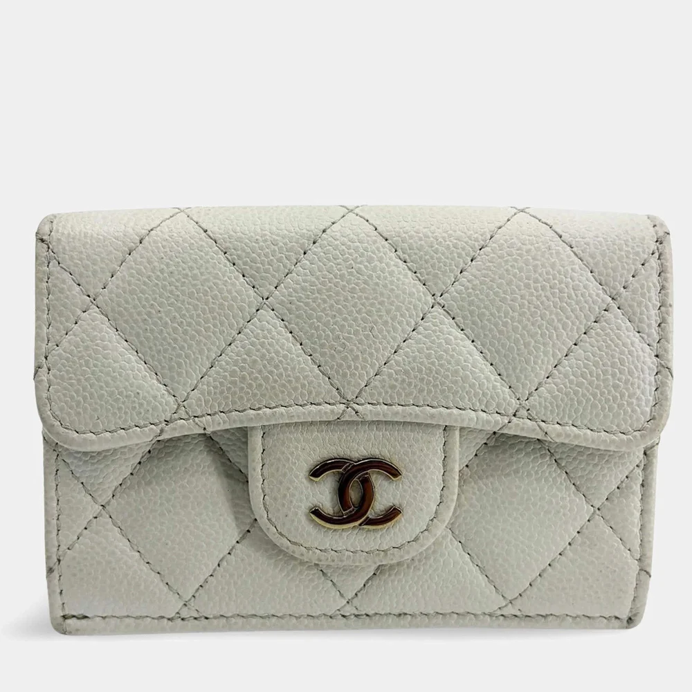 Classic Flap Ivory Caviar Grained Calfskin Leather Flap Card Holder Wallet