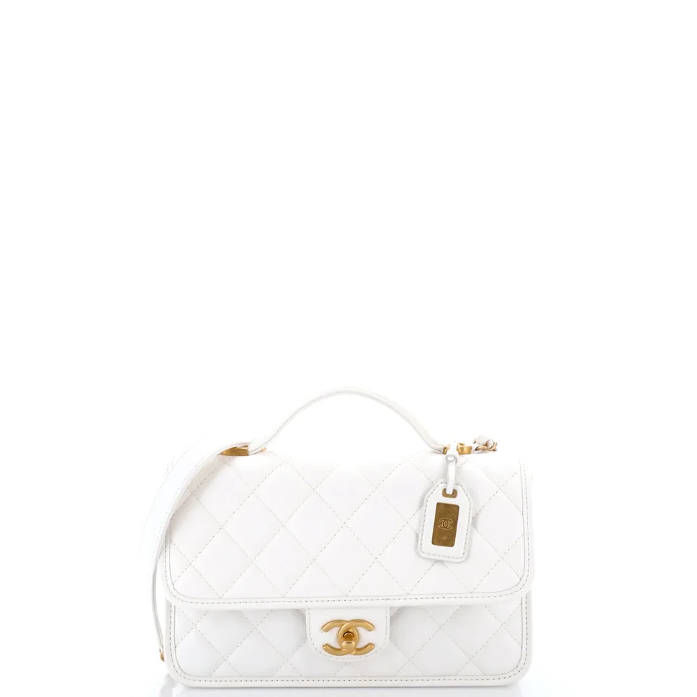 School Memory Top Handle Flap Bag Quilted Caviar Small