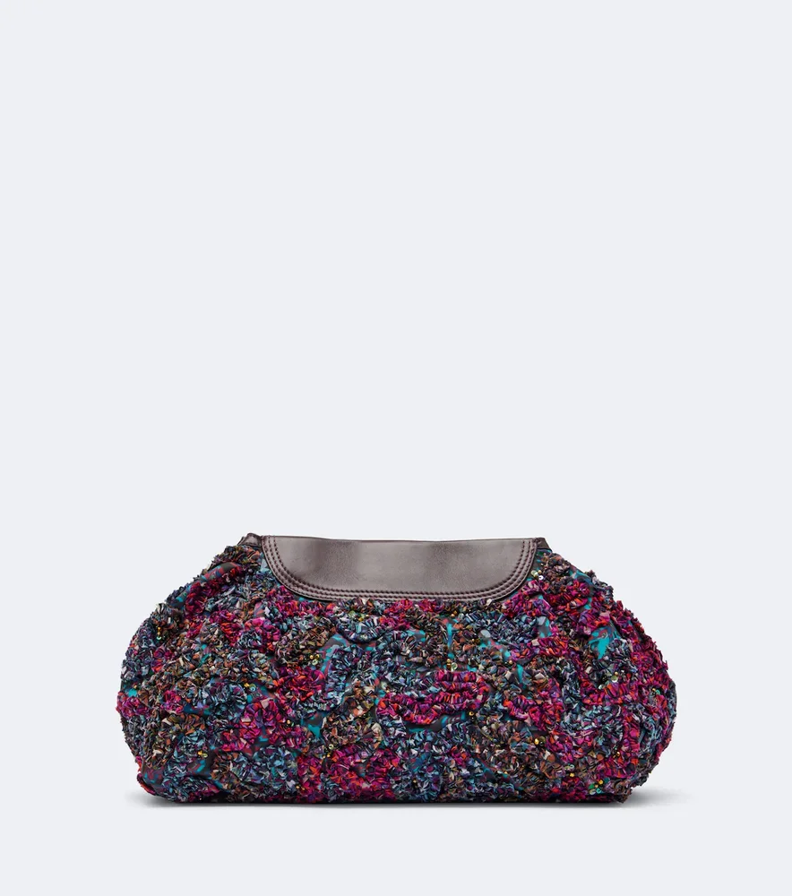 Small embellished leather-trimmed clutch