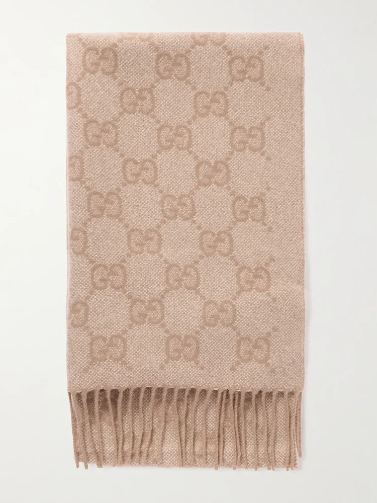 fringed logo jacquard metallic cashmere blend scarf